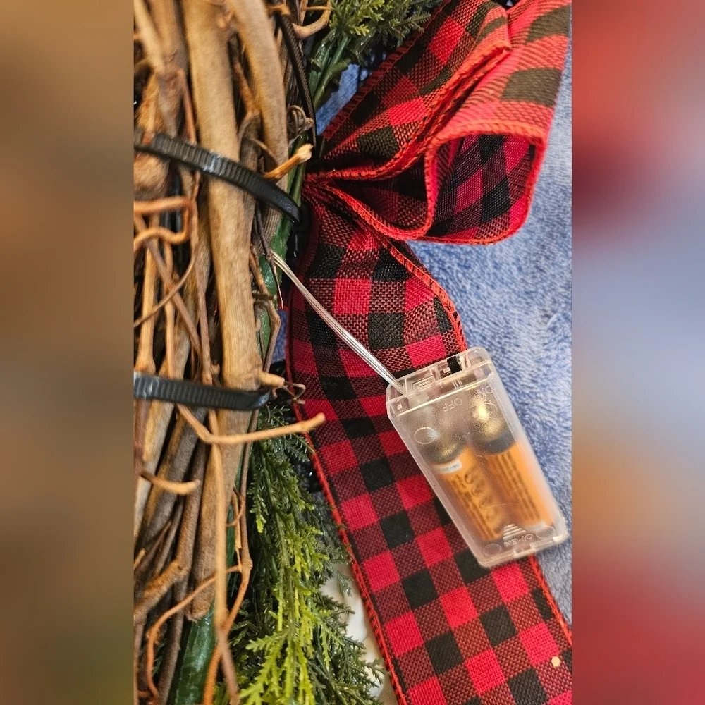 Handmade Farmhouse-style Oval Buffalo Plaid Holiday Wreath. 1 Of A Kind